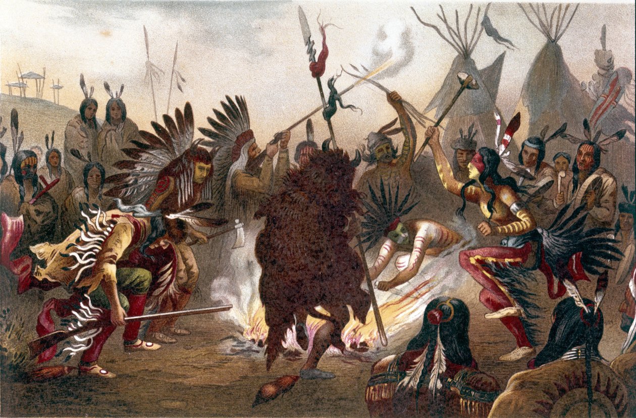 Rituál amerických indiánů (Indiáni na pláních jižní Dakoty): Siouxský válečný tanec. chromolitograf z „“The human race““ od Ratzela, přibližně 1890 od Unknown artist