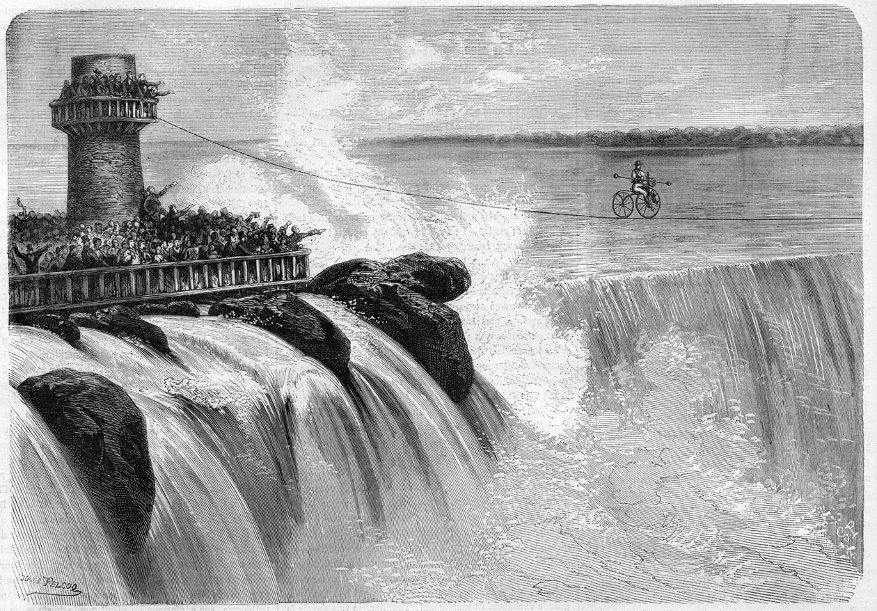 Američan Jenkins překročil Niagarské vodopády na Velocipedu v roce 1869. od Unknown artist
