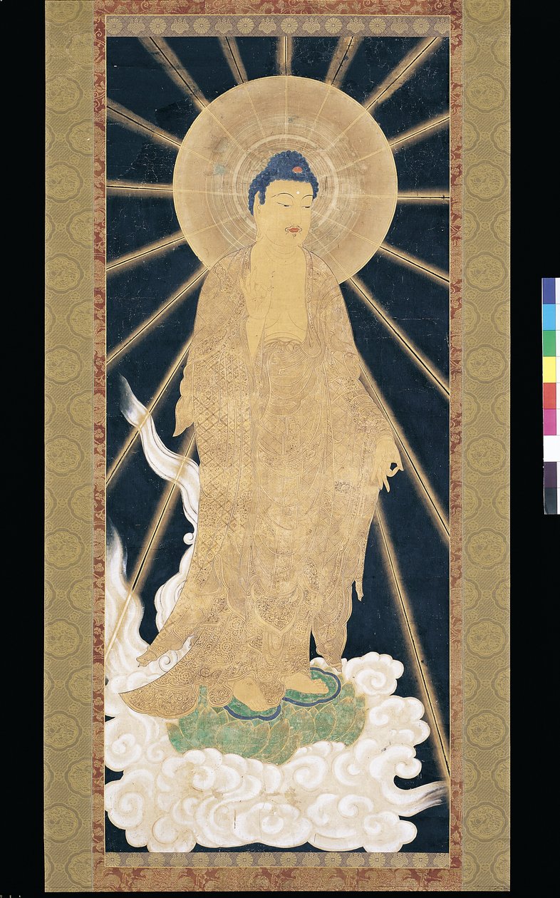 Amitabha (Amida) Triáda sestupující z nebe (pigment na konshi (modrý rýžový papír)) od Unknown artist