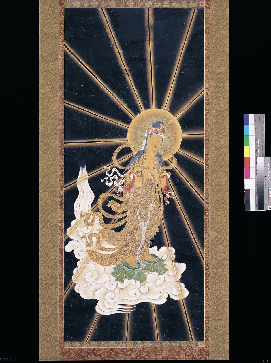 Amitabha (Amida) Triáda sestupující z nebe (pigment na konshi (modrý rýžový papír)) od Unknown artist