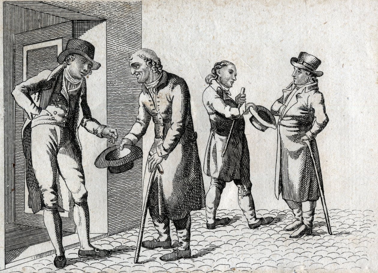 Amone. Žebráci pečující o klobouky, aby se do nich vešly mince. Koncová rytina 18. století. Soukromá sbírka. od Unknown artist