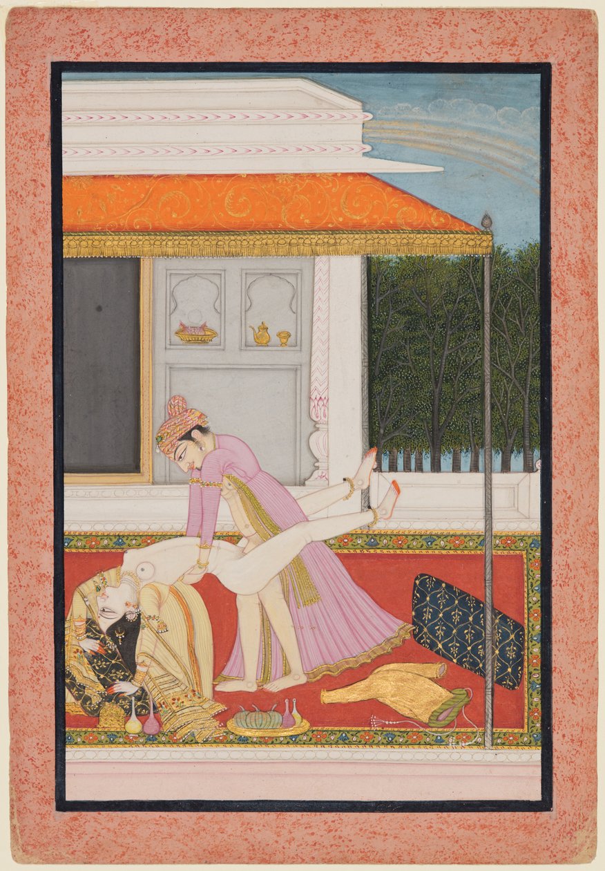 Zamilovaný pár, pravděpodobně Raja Mahendra Pal z Basohli (r. 1806–13) s oblíbenou královnou od Unknown artist
