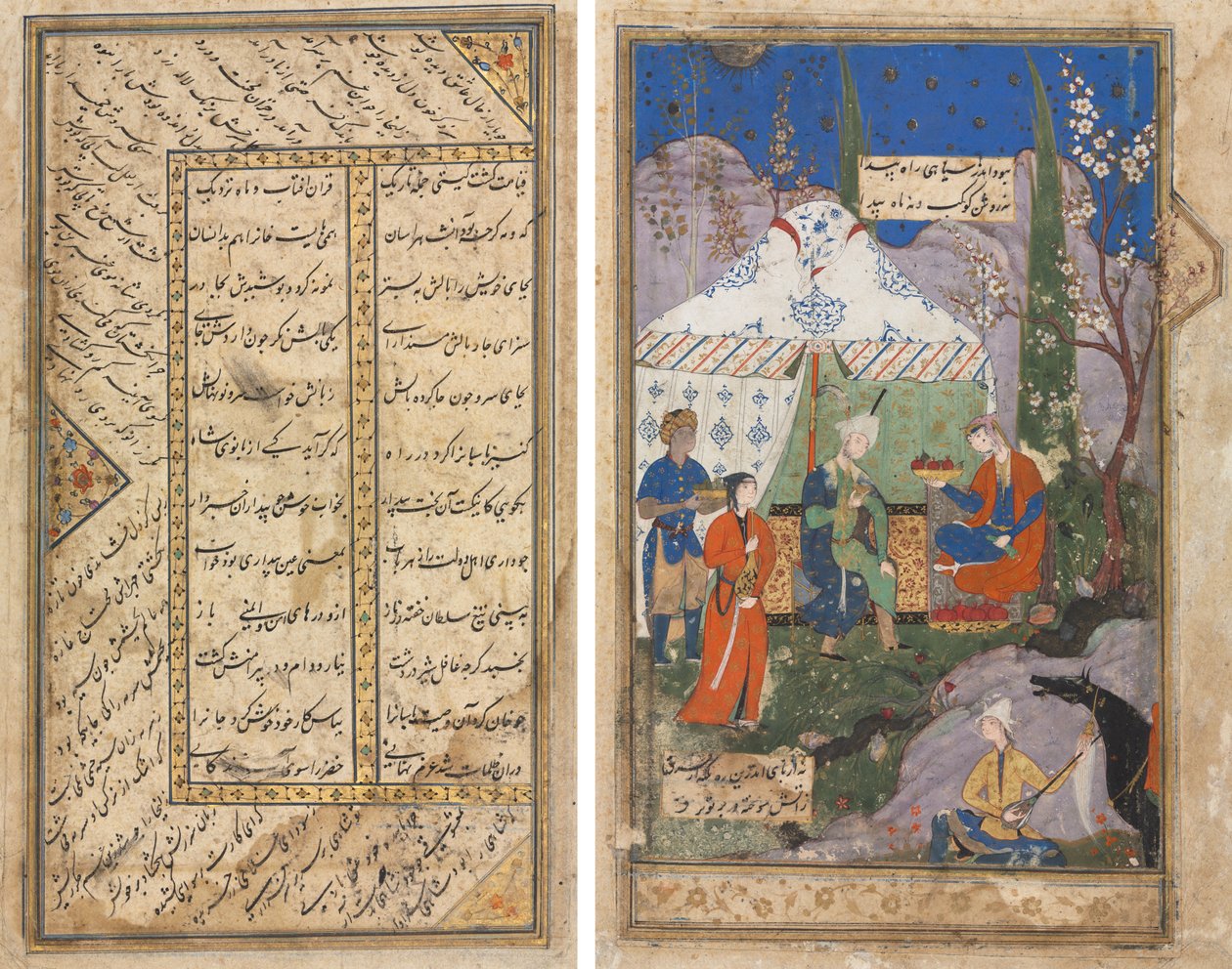 Epizoda z příběhu sasanského krále Khusraua a jeho milované Shirin z Khamsy (kvintetu) z Nizami (1141–1209) (verso); Perské verše z Haft Awrang (Sedm trůnů) z Jami († 1492) (recto) od Unknown artist