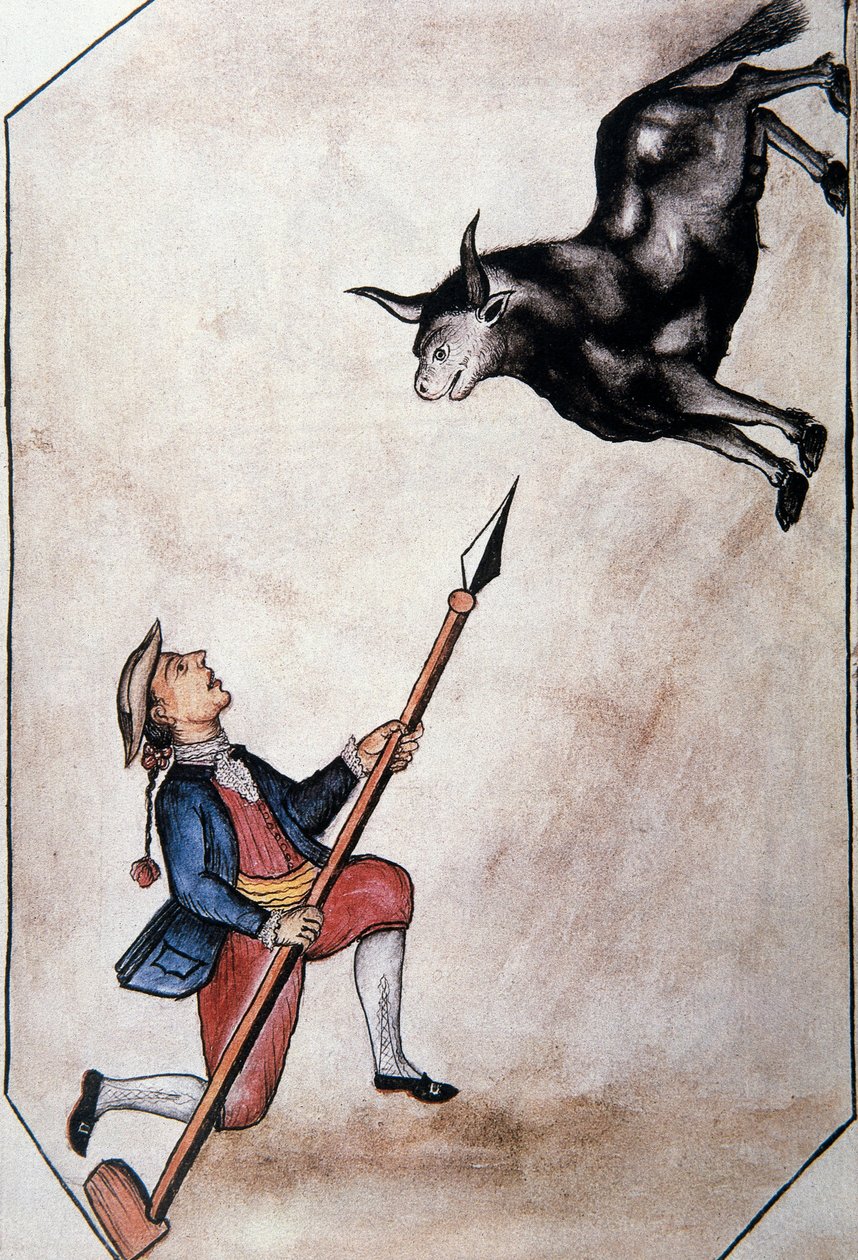 Indián ukazující z kopí na býka, z knihy „Trujillo of Peru“ nebo „Codex Martinez Companion“, od Baltazara Martineze Companiona a Bujandy, biskupa z Trujillo (1782-1785) od Unknown artist
