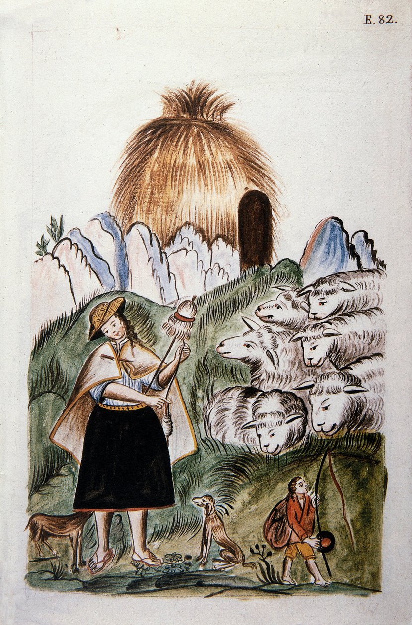 Indická pastýřka poblíž své chýše se svým stádem, z knihy "Trujillo del Peru" nebo "Codex Martinez Companion", od Baltazara Martineze Companion a Bujanda, biskup z Trujillo (1782-1785) od Unknown artist