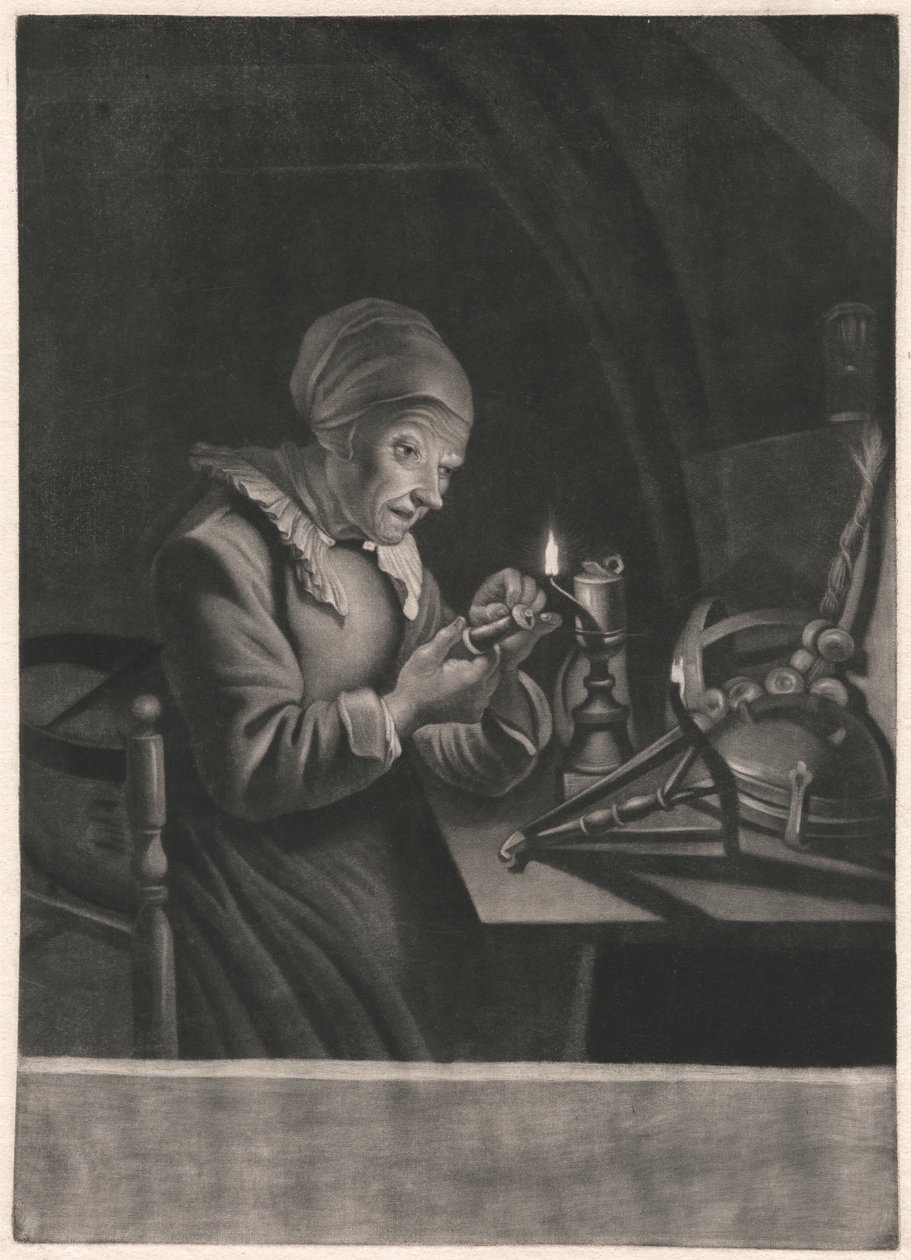 Stará žena opravuje její kolovrat od Unknown artist