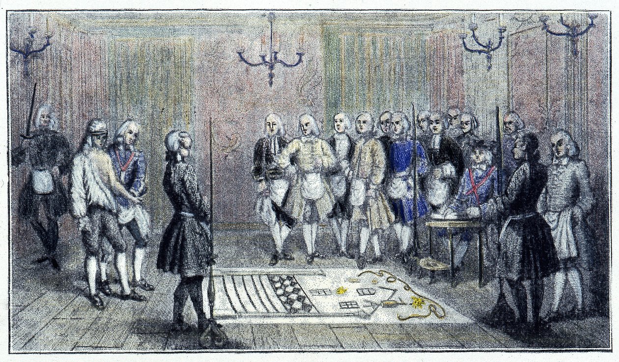 Učňovská chata v Paříži, kolem roku 1740: tato scéna zobrazuje přijetí „učedníka“ svobodného zednáře (na podlaze obraz učňovské chaty) – podle dobové rytiny. od Unknown artist