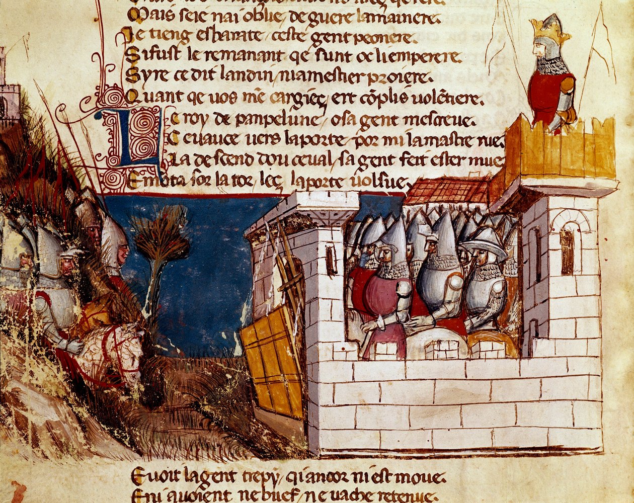 Armáda (od krále Pamplony?) se uchýlí do hradu a vyšplhá na Miniaturní levisův most z „“Vchodu Španělska““. Benátky 14. století, Biblioteca Marciana. od Unknown artist