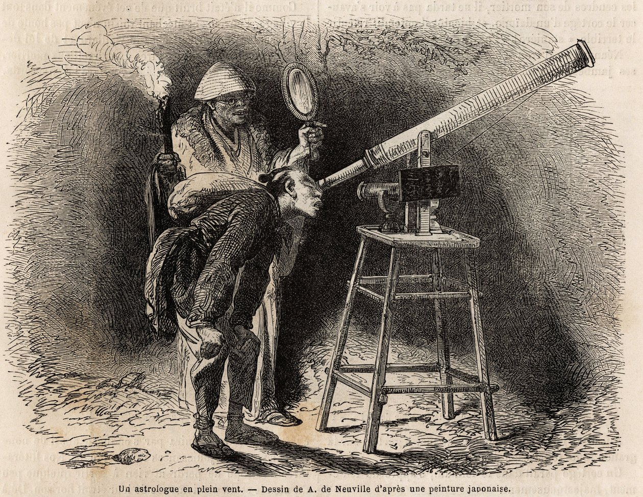 Astrolog prohledává oblohu pod širým nebem pomocí svého dalekohledu. Rytina k ilustraci plavby do Japonska v letech 1863-1864 od Aime Humberta, ministra Švýcarské konfederace, v „Le tour du monde, nouveau journal des voyages““ publikovaném pod r. od Unknown artist