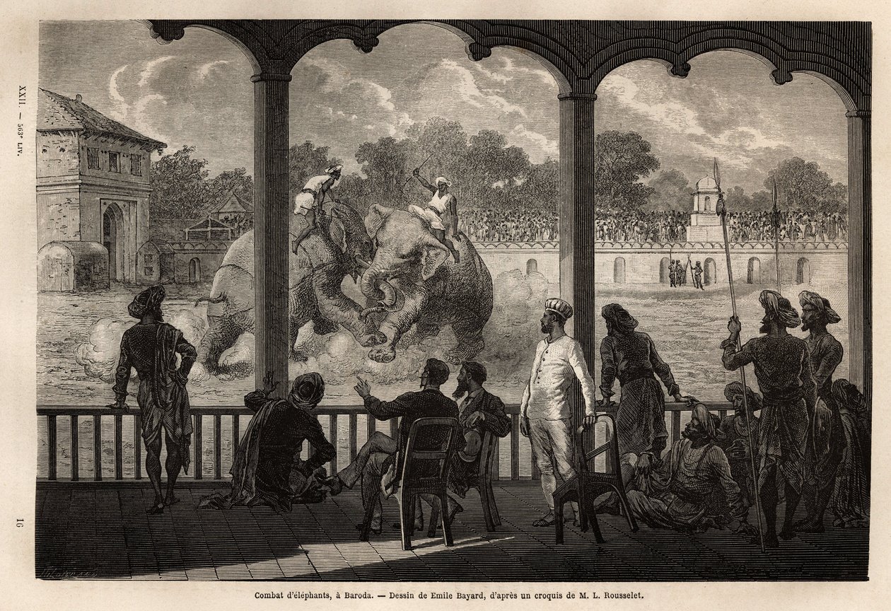 Sloní zápas v Baroda (nebo Vadodara), stát Gujarat na severovýchodním pobřeží Indie. Rytina k ilustraci plavby Rajahů v Indii od Louise Rousseleta v letech 1864-1868, publikovaná v „“Le tour du monde“““ 1870-1871, editoval Edouard Charto od Unknown artist