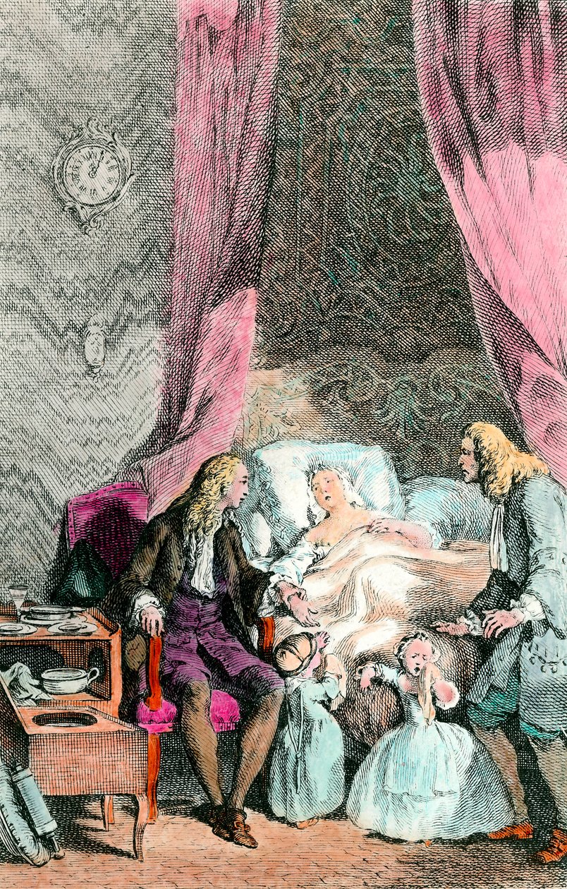 Lékař – pozorovatel Nemocná nebo již mrtvá žena je obklopena svou rodinou a lékařem. Děti jsou v slzách. Rytina kolem roku 1780. Paříž, Akademie medicíny od Unknown artist