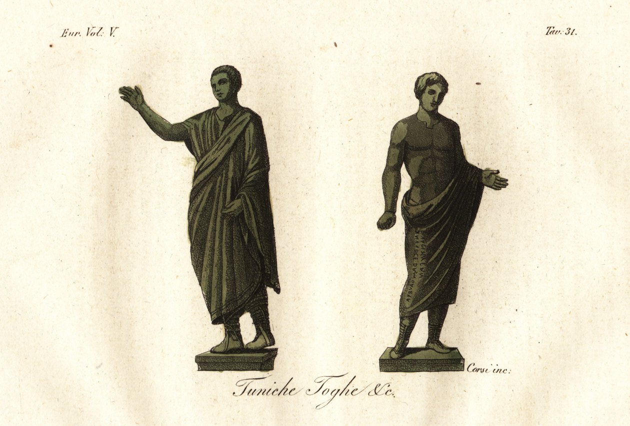 Starověké etruské sochy zobrazující muže nosící tógu, tuniku, calzari (boty) atd. od Unknown artist