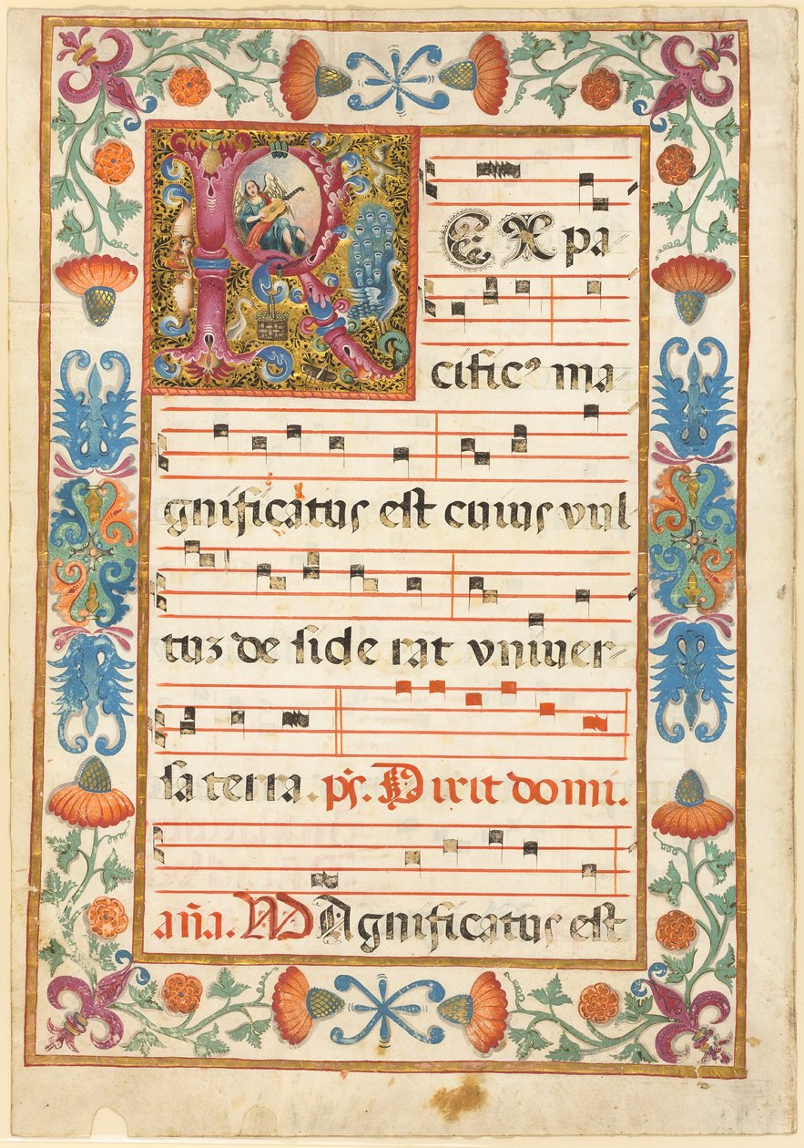 Anděl hrající na nástroj ve zdobené iniciále "R" s florou, faunou a groteskou z antifonáře od Unknown artist
