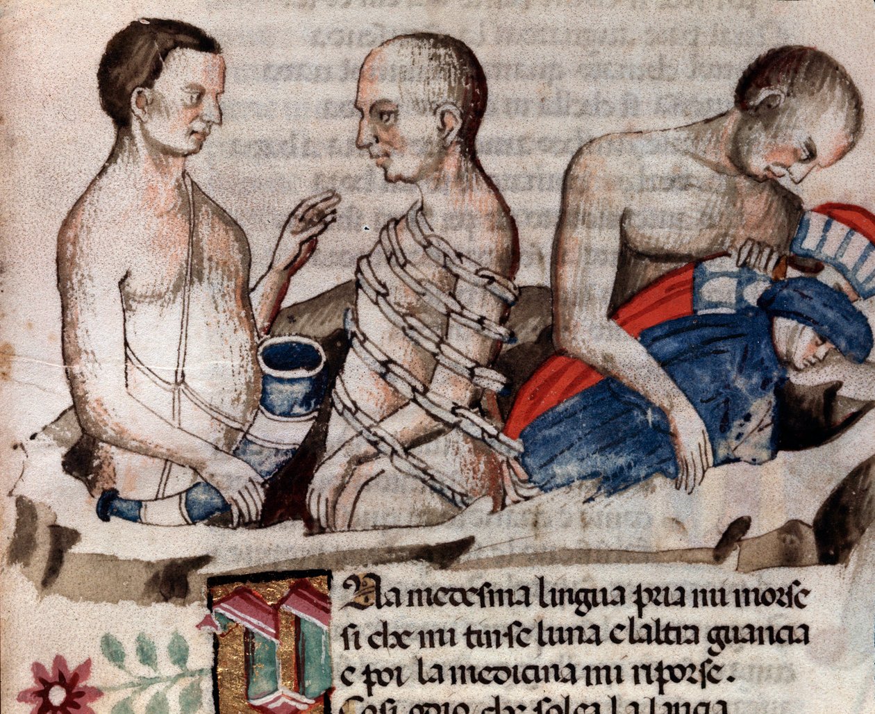 Obr Antaeus spouští Danta a Virgila na zmrzlou půdu kruhu zrady (píseň 31 z pekla, v Božské komedii) - miniatura 15. století od Unknown artist