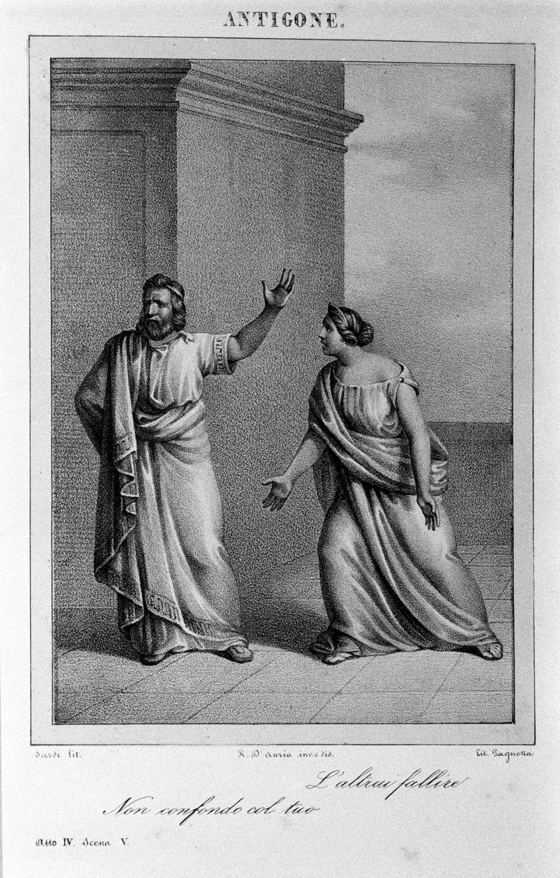 Antigona 4. dějství, scéna 5. Italská tragédie Vittoria Alfieriho napsaná v roce 1783 podle řecké mytologie. Rytina 18. století. od Unknown artist