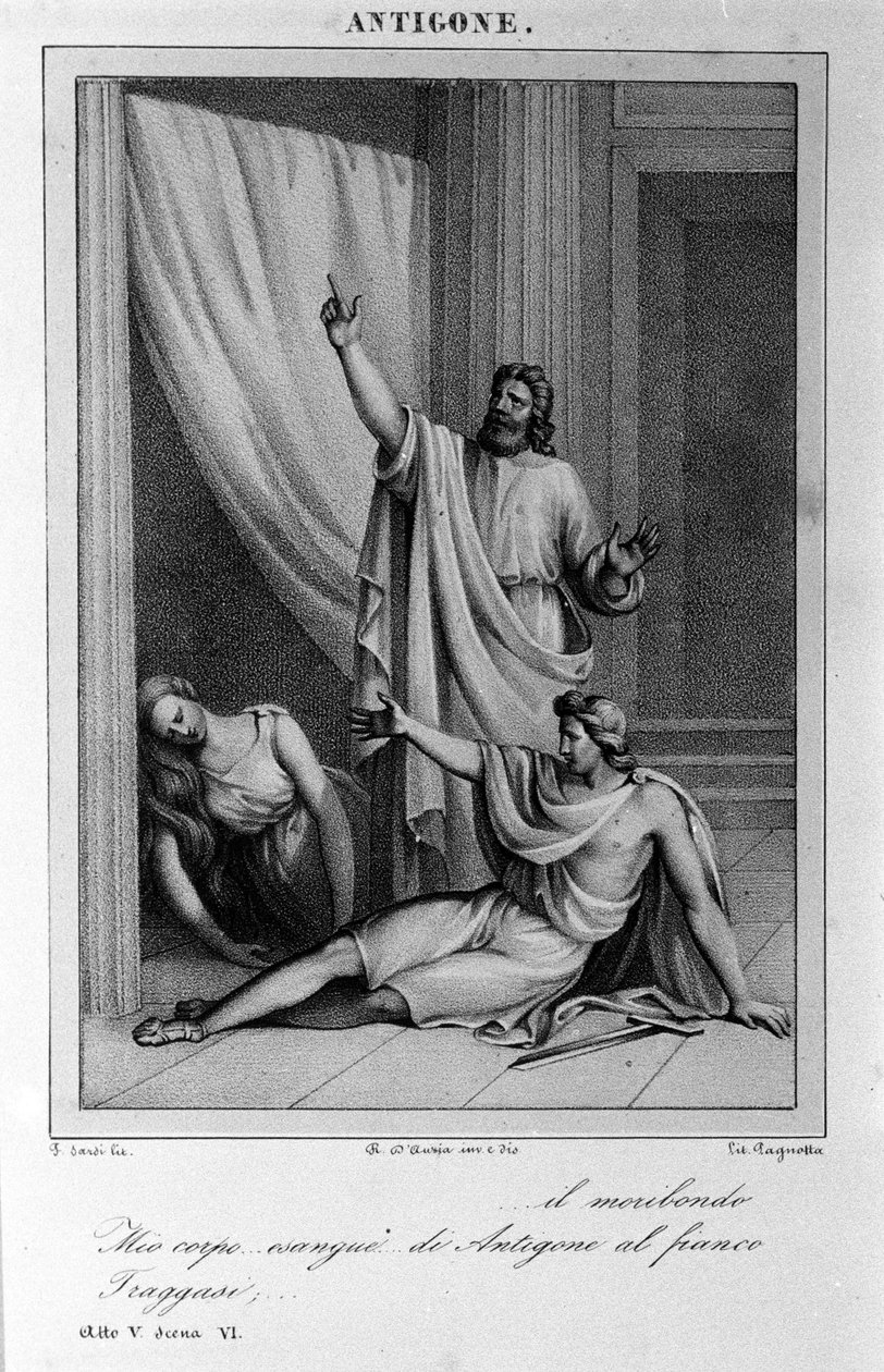 Antigona 5. dějství, scéna 6. Italská tragédie od Vittoria Alfieriho napsaná v roce 1783 podle řecké mytologie. Rytina 18. století. od Unknown artist
