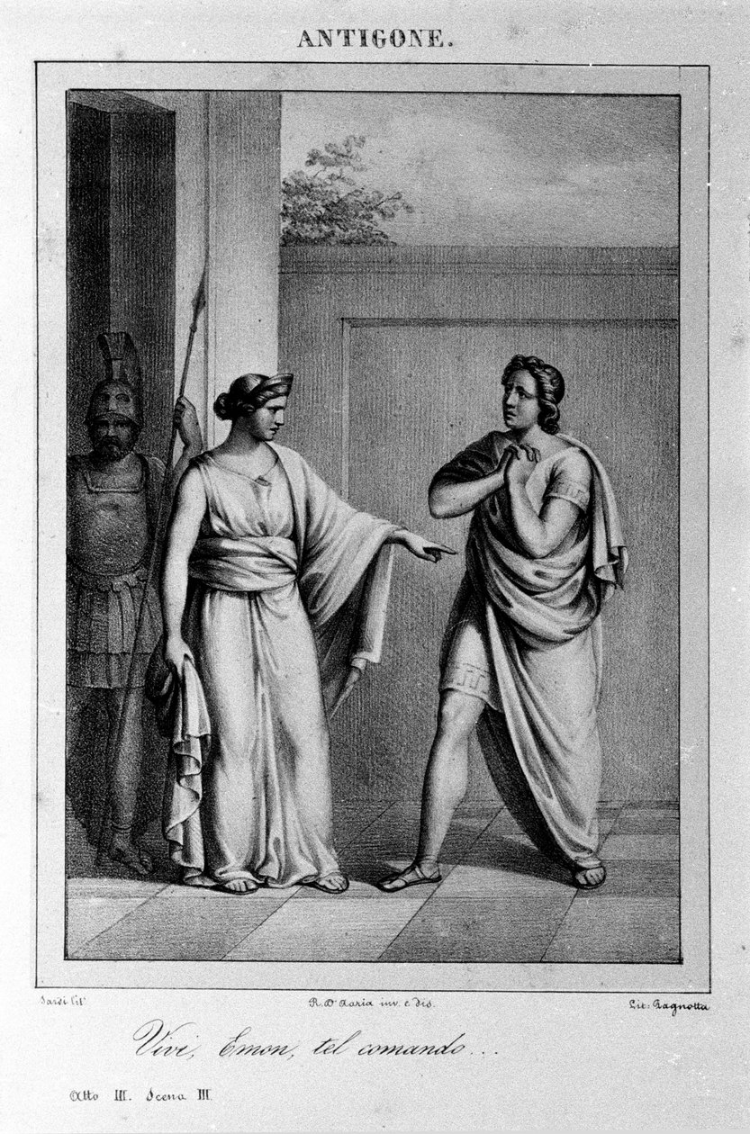 Antigona I. dějství, scéna 3. Italská tragédie Vittoria Alfieriho napsaná v roce 1783 podle řecké mytologie. Rytina 18. století. od Unknown artist