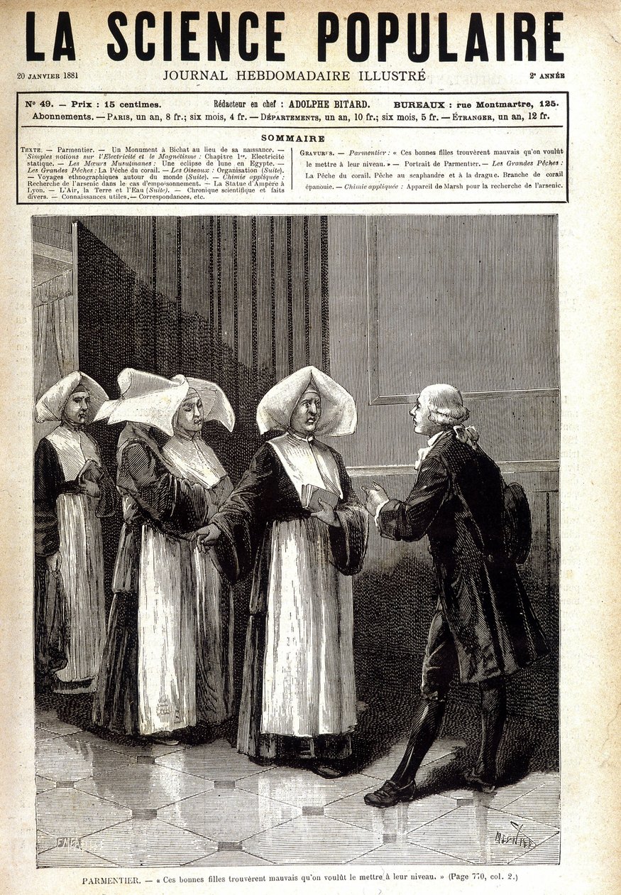 Antoine Augustin Parmentier (1737 - 1813), lékárník známý šířením pěstování brambor ve Francii, mluvil s jeptiškami. v "" La science populaire "" 20.01.1881. od Unknown artist