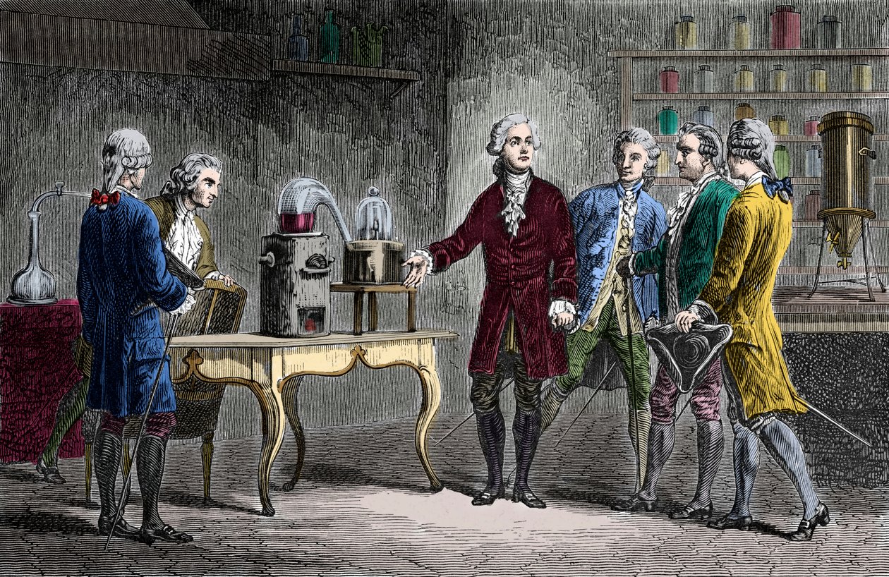 Antoine Laurent Lavoisier (1743-1894) provedl rozklad vzduchu v roce 1776 - Antoine Laurent Lavoisier, anglický chemik, ukázal kolegům svůj experiment, který odhalil složení vzduchu v roce 1776 - Rytina od Louise Figuiera od Unknown artist