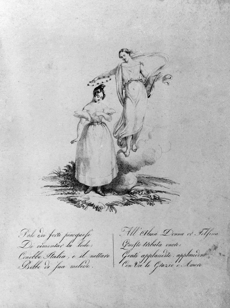 Apoteóza Marie Garciové zvaná Malibran (1808-1836) zpěvačka. Rytina 19. století. . Milán. od Unknown artist