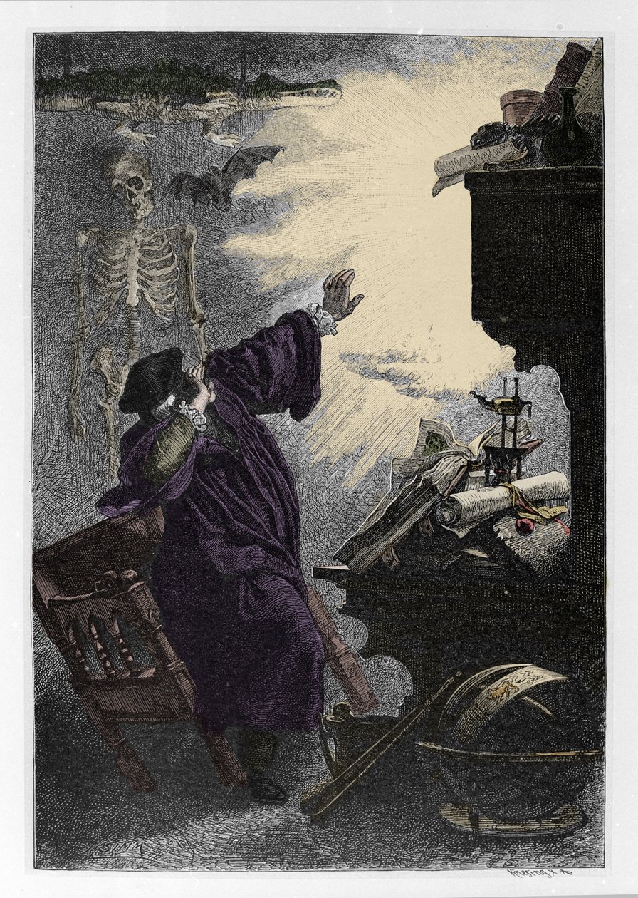 Apparition de Mefistofeles (Mefisto) a Faust Ilustrace „“ Faust““ od Johanna Wolfganga von Goethe (1749-1832) (Ilustrace pro „“faust““ od Goetha) Rytina od Unknown artist