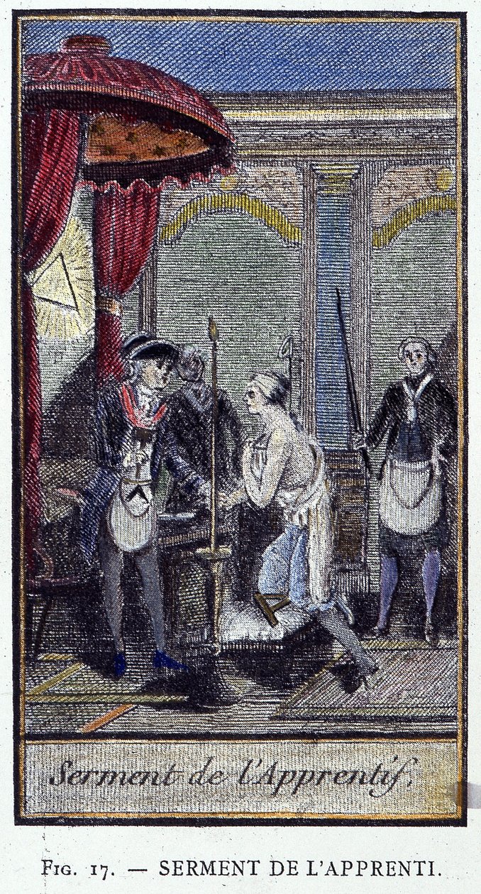 Přísaha učedníka – z rytiny z „Adonhiramitského zednářství“ od rytíře všech zednářských řádů od Unknown artist