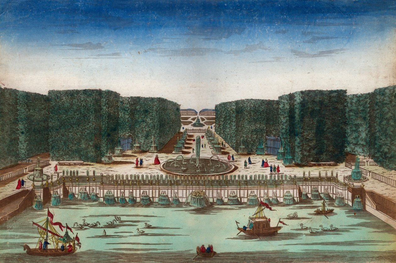 Aquae Lapsus v Hortis Versalicis - Optický pohled představující vodopády Versailles v 18. století - Ilustrace kolem roku 1760 od Unknown artist