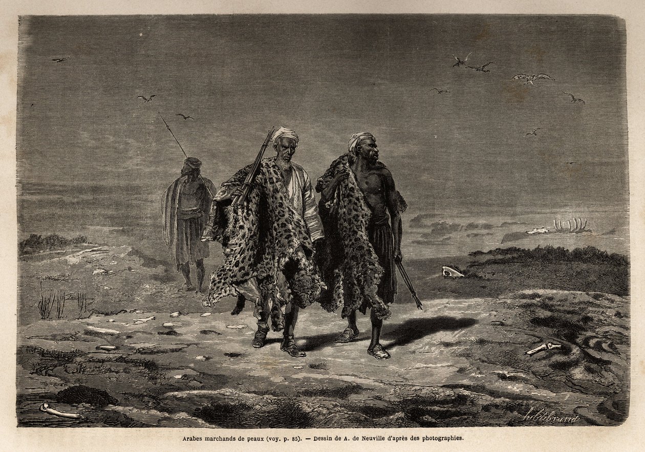 Arabští beduíni, obchodníci s panterskými kůžemi a ovčí vlnou na cestě k pochodu do Bagdádu (Irák). Engravure pour illustrrer le voyage dans la Babylon, en 1866, Guillaume Lejean, v „Le tour du monde, nouveau journal des voyages““ publikovaném pod dire od Unknown artist