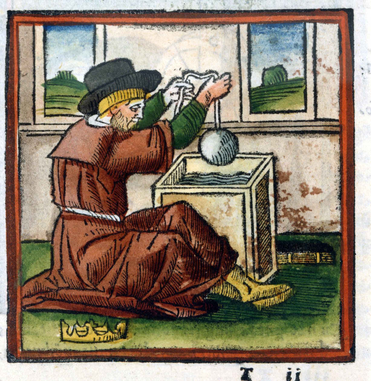 Archimedes určuje váhu Hieronovy koruny ponořením do vody (zkušenost zatlačení) - rytina od Unknown artist