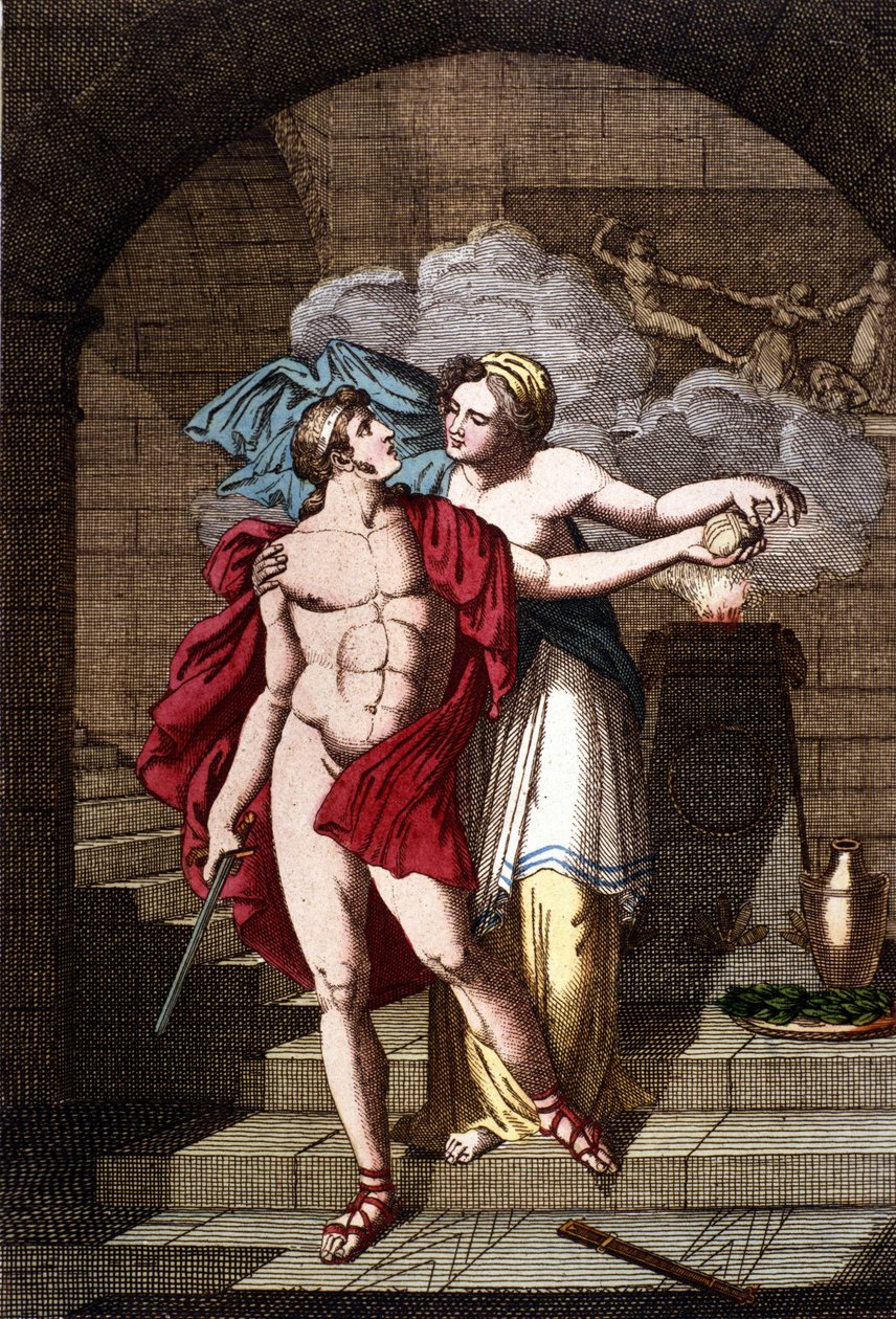 Arianne dává Theseovi nit, aby se mohl dostat z bludiště - v Dizionario mitologico od Unknown artist
