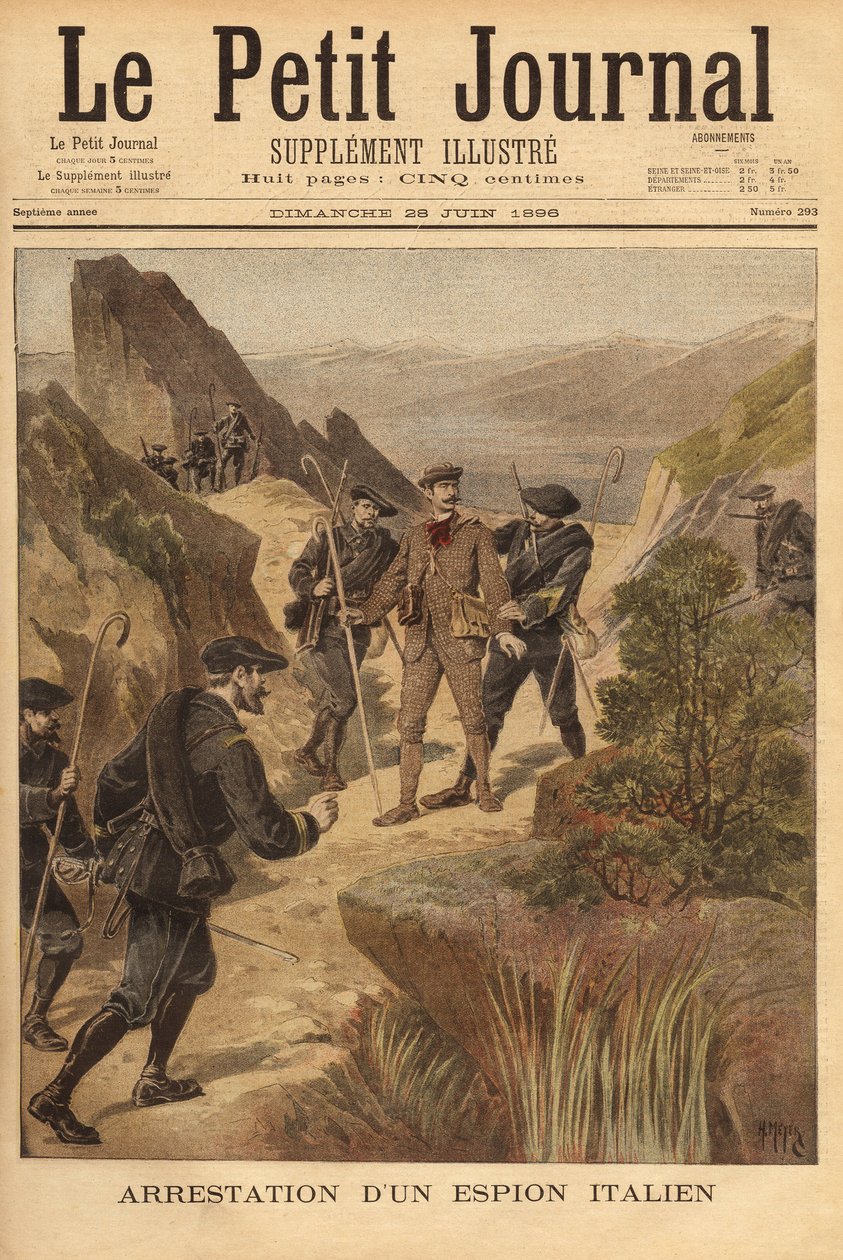 Zatčení italského špióna, kapitána Vittoria Ravelliho, 23. praporem alpských lovců severně od departementu Přímořské Alpy. Rytina v "" Le petit journal "" 28/06/1896. Selva sbírka. od Unknown artist