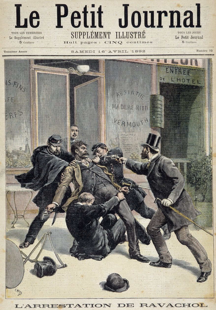 Zatčení anarchisty Francoise Koenigsteina dit Ravacola (od jména jeho matky) (1859 - 1892). Jeden z 