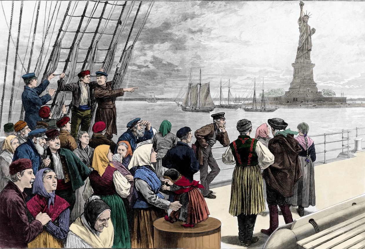 Při příjezdu rodin emigrantů do přístavu v New Yorku je vidět socha svobody. Rytina z "" Harper