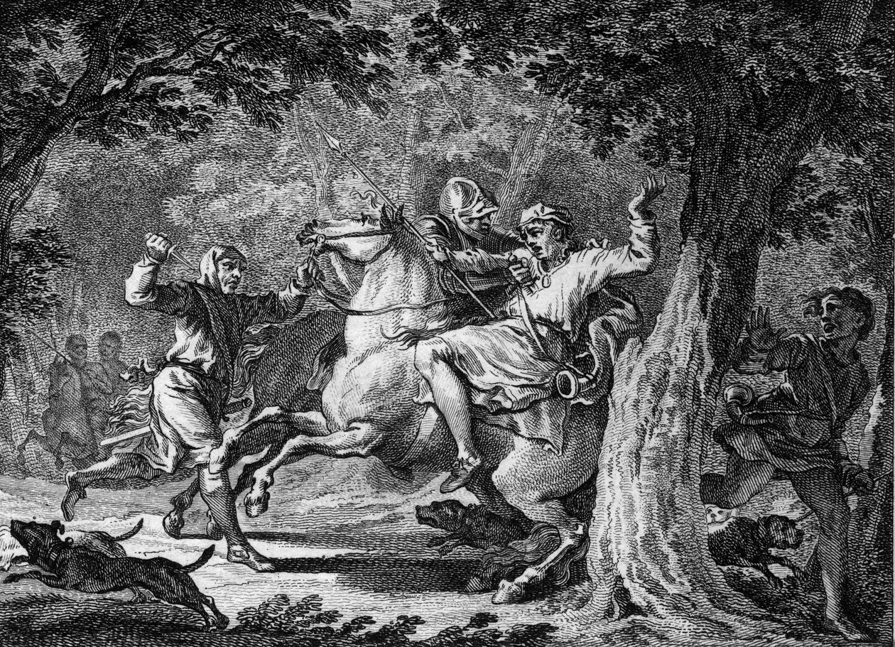 Atentát na Childerica II., 675: král Franků (asi 653-675) byl zabit v lese Lognes Bodillonem, lordem, kterého zbičoval. Rytina 18. století. od Unknown artist