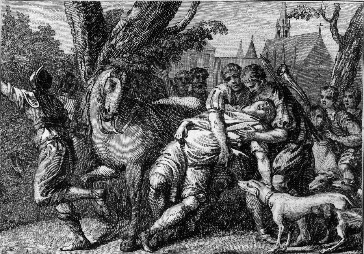 Atentát na Chilperika I. (539-584), krále Neustrije, sponzorovaný jeho manželkou královnou Fredegonde (asi 545-597), 584. Rytina 18. stol. od Unknown artist