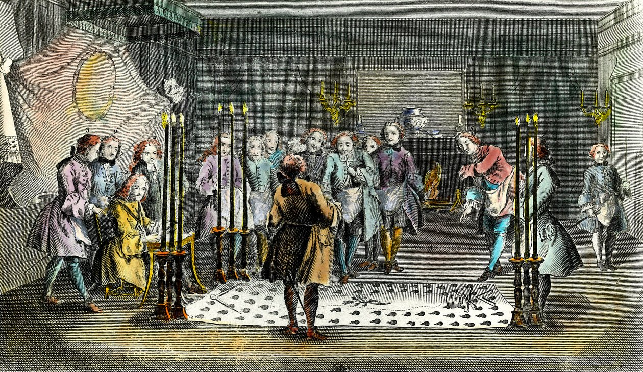 Shromáždění Francs Macons pro přijetí mistrů Rytina kolem roku 1750 Soukromá sbírka od Unknown artist