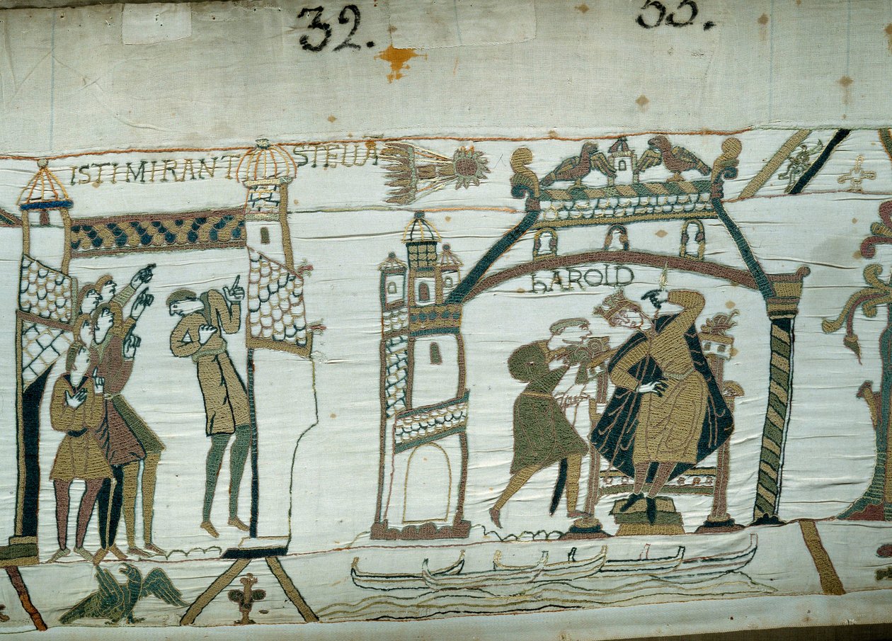 Astrologové hlásí výskyt komety (Halley), přitlačení neštěstí na Harolda, sotva korunovaného krále Anglie Detail tapiserie z Bayeux nebo výšivky královny Mathildy od Unknown artist