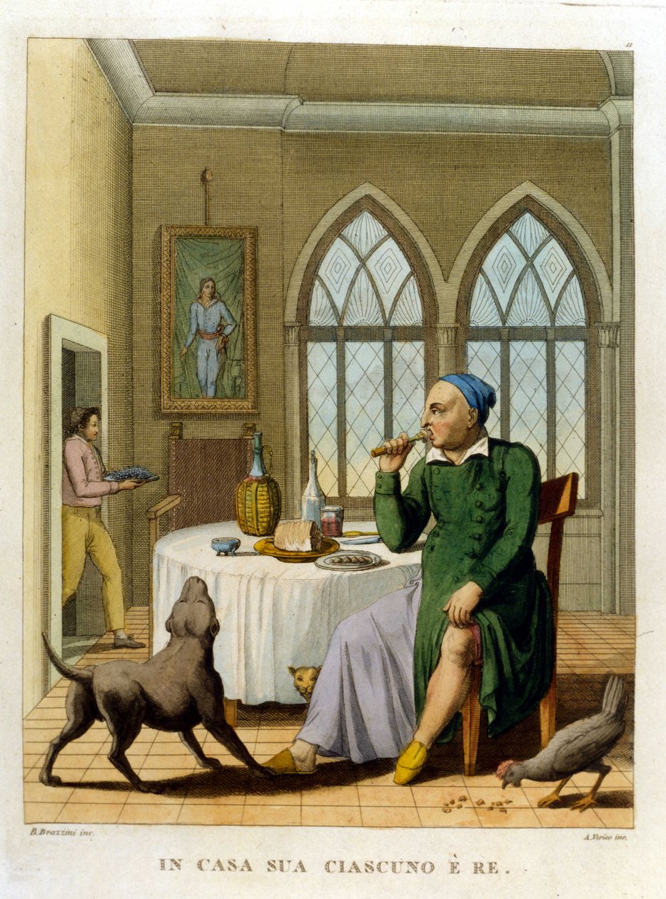 "Doma je každý králem." Ilustrace ze sbírky přísloví 18. století od Unknown artist