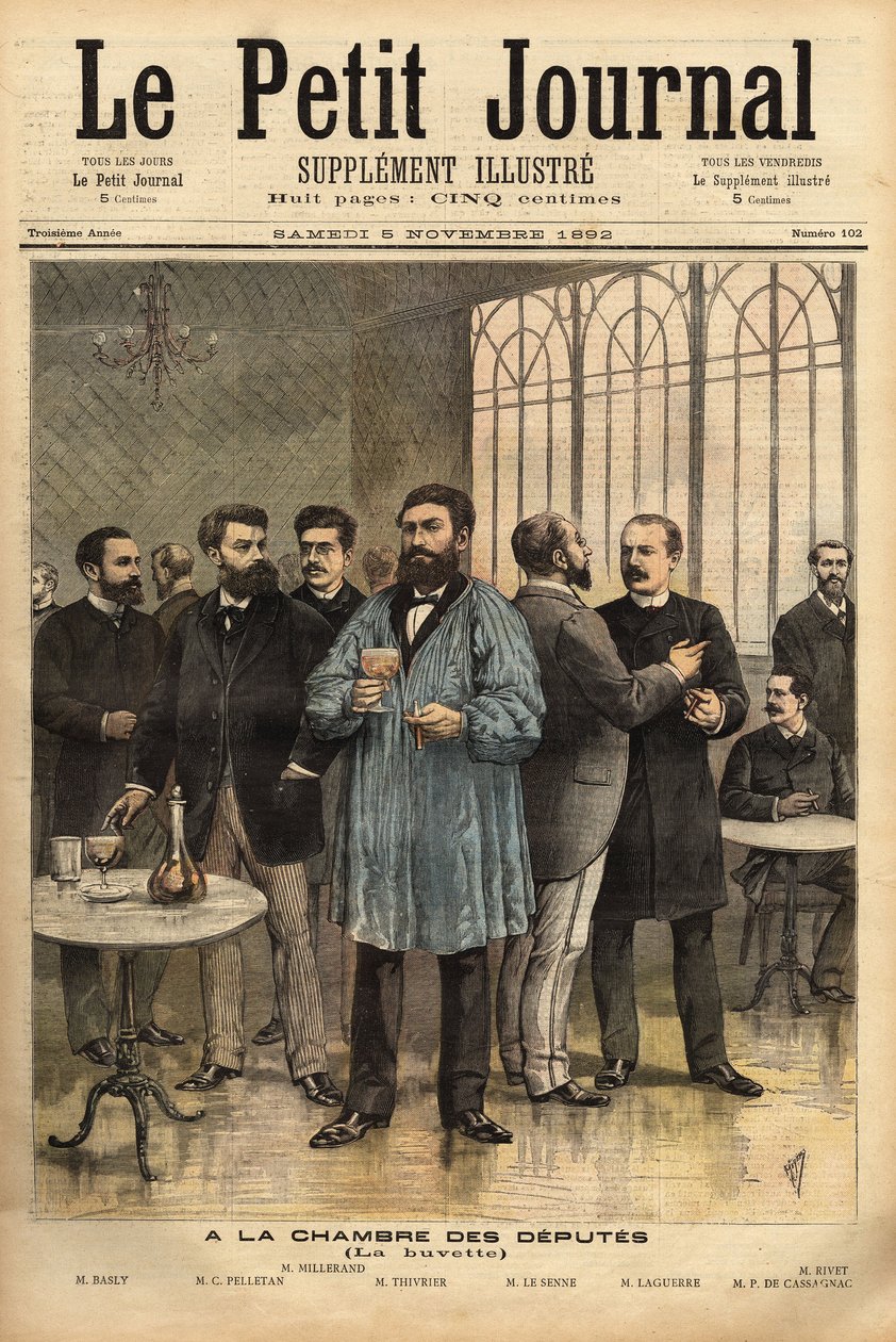 U baru Poslanecké sněmovny zleva doprava: Emile Basly (1835-1928), zástupce Paříže, z odborového hnutí horníků, Camille Pelletan (1846-1915), novinář, spisovatel a zástupce Bouches du Rhone, Alexandre Millerand (1859-1 od Unknown artist