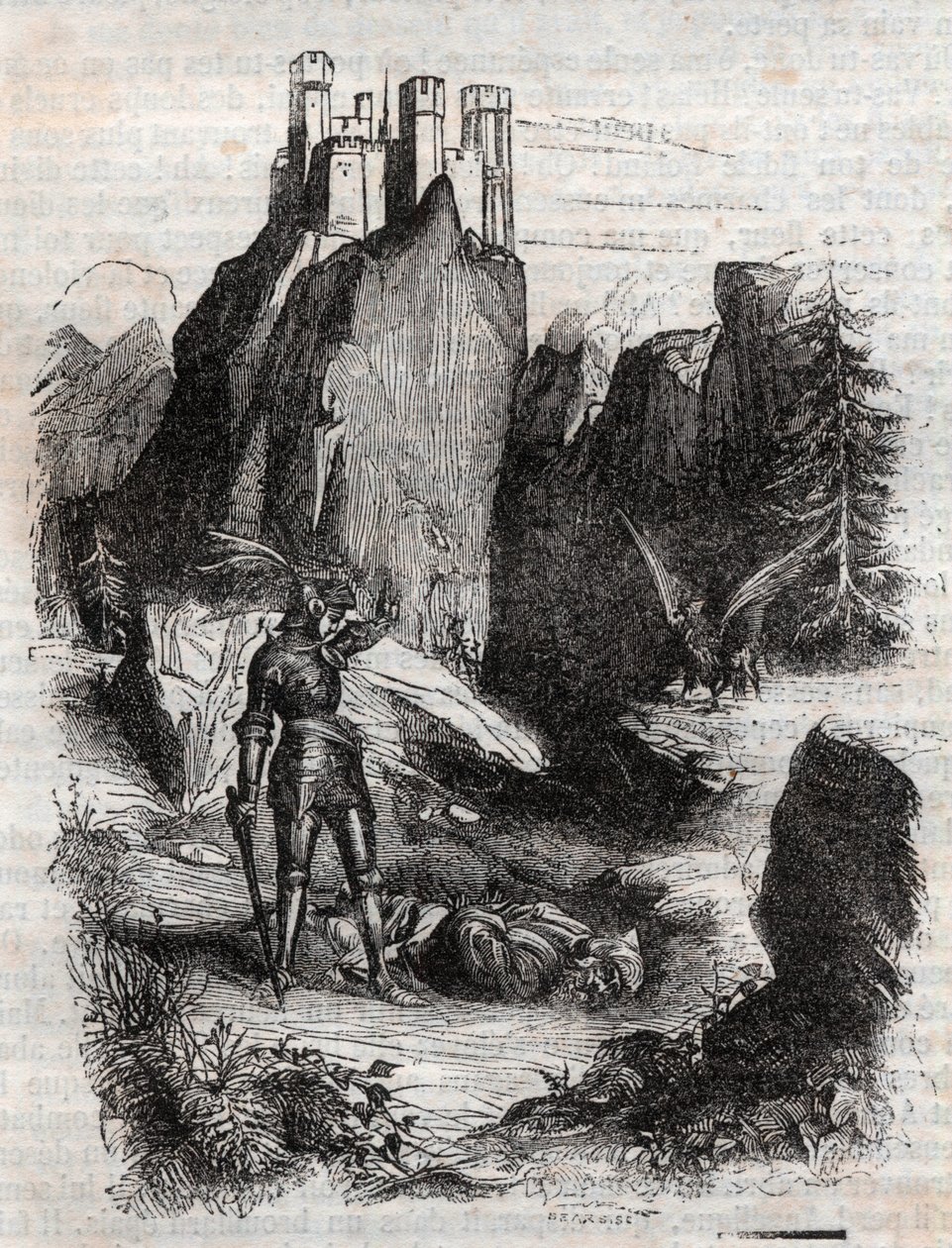 Atlant poražen Bradamantem - rytina z roku 1851 z „“ Furious Roland““ od Unknown artist