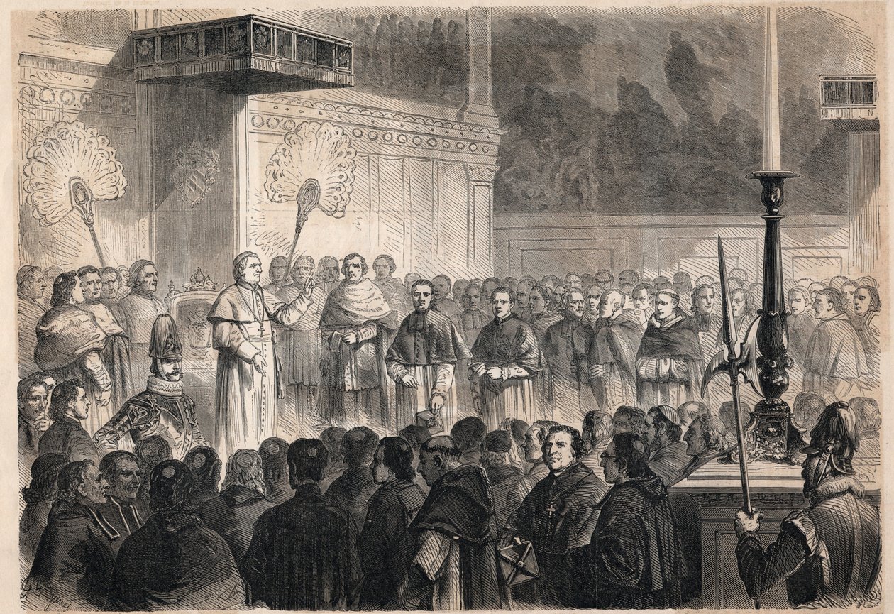 Audience udělená papežem Piem IX. (Pio) (1792-1878) zahraničním duchovním v Sixtinské kapli (cappella sistina) v Římě u příležitosti oslav kanonizace 26 „japonských mučedníků“, skupiny ukřižovaných katolíků v Japonsku v roce 1597 od Unknown artist