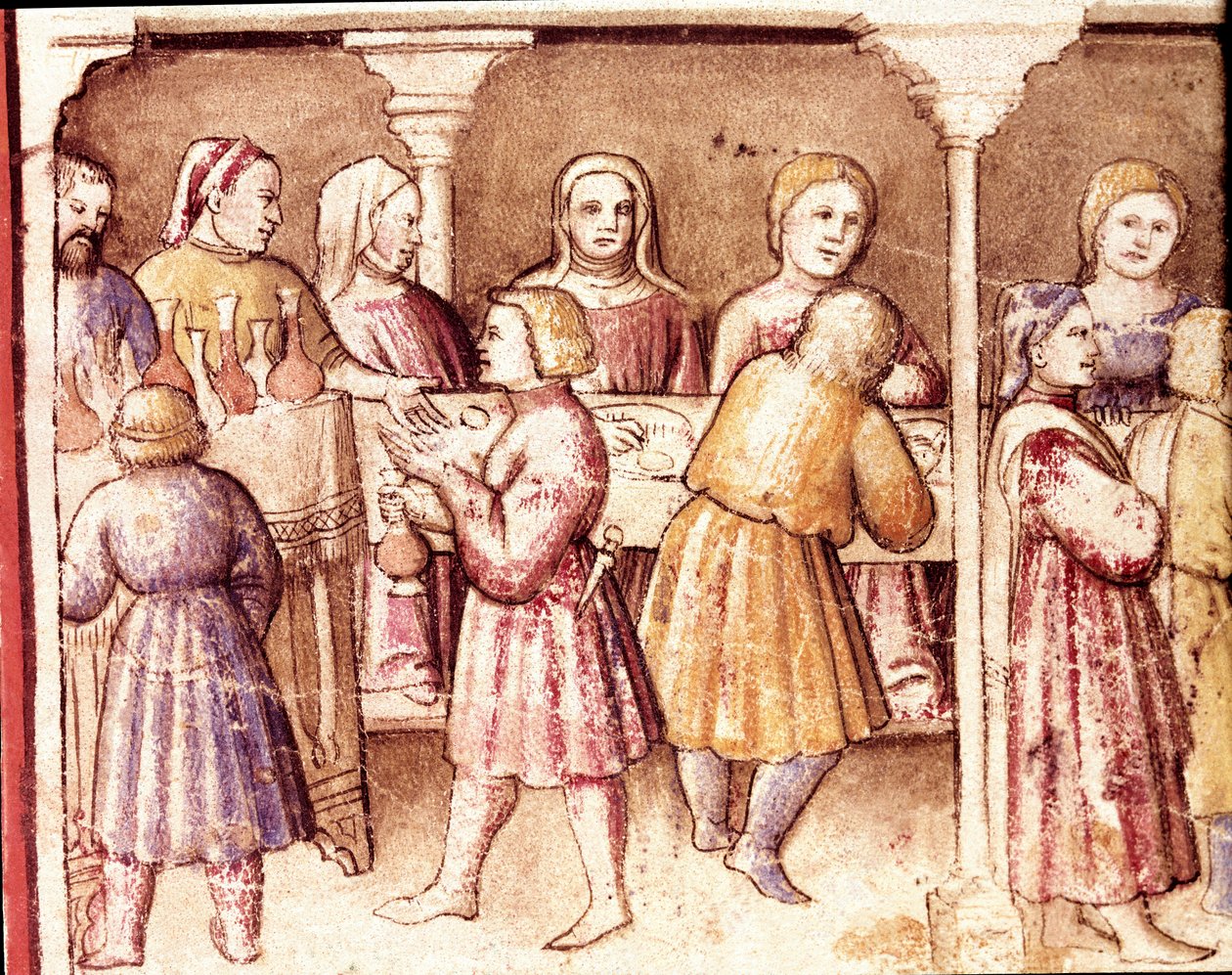 Banketová scéna v bohatém sídle v Padově Miniatura z kodexu 212 (nebo kodexu padovano nebo Bible z Padovy) 1390-1400 Rovigo, Accademia dei Concordi od Unknown artist
