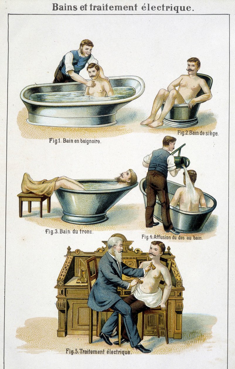 Koupele a elektroléčba: 1) vana, 2) sedací vana, 3) vana na trupu, 4) zpět do vany, 5) elektrická léčba - v „Bilzu, přírodní medicíně“, konec 19. století od Unknown artist