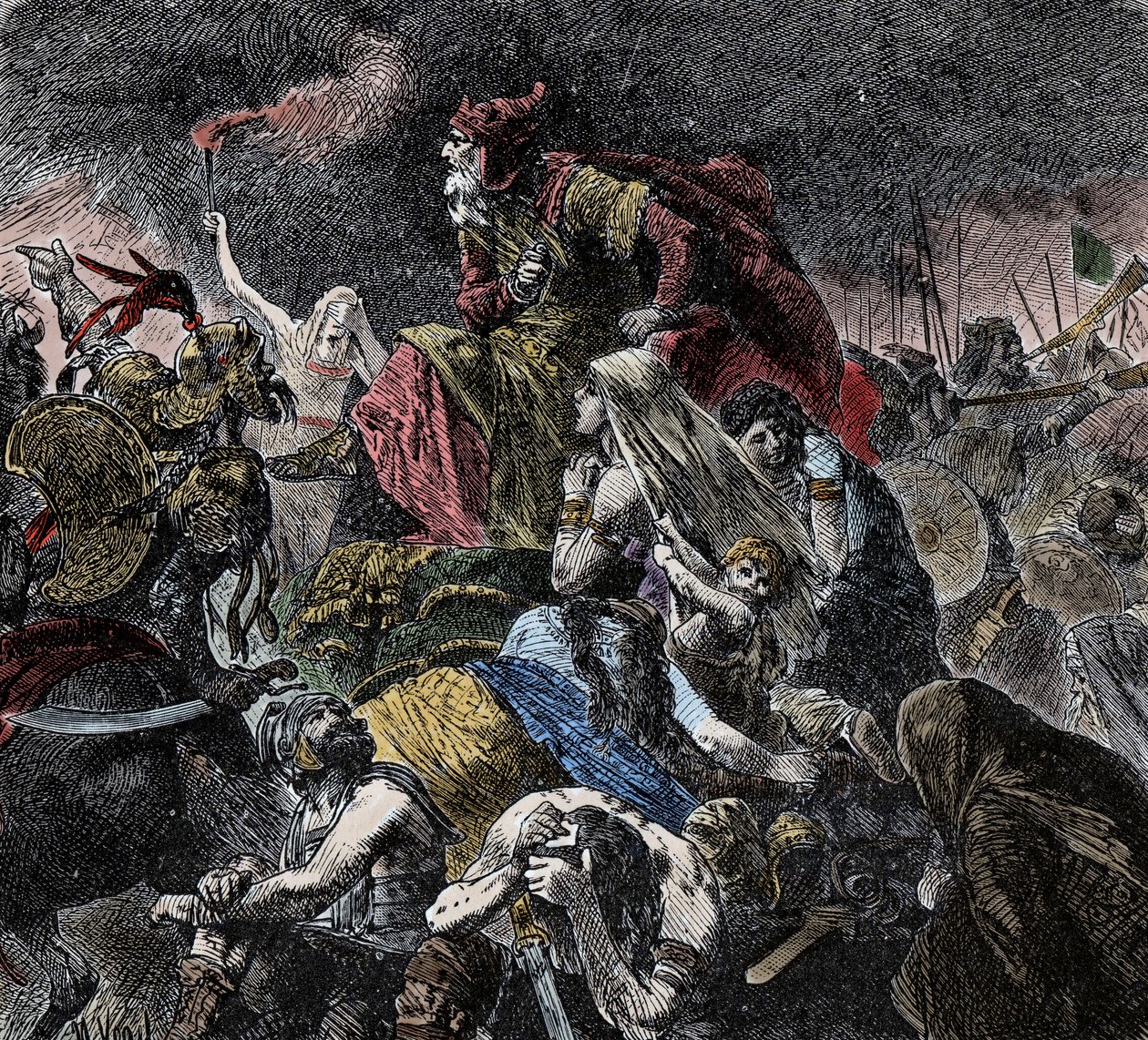 Bitva na Katalaunských polích, kde se Římané, Frankové a Vizigóti znovu spojili a umístili huny Attily a ostrogóty do blízkosti Troyes, Úsvit – Invaze barbarů – (bitva na Katalaunských pláních nebo bitva u Chalonu nebo bitva o Maurici) od Unknown artist
