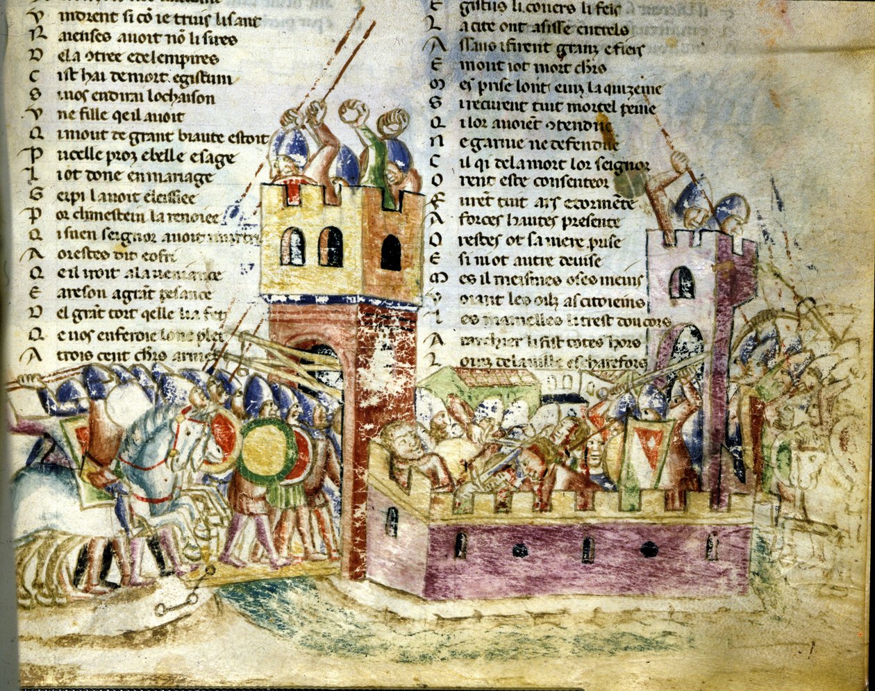 Bitevní scéna v hradní pevnosti. Miniatura „Roman de Troy“ od Benoita de Sainte Moure od Unknown artist