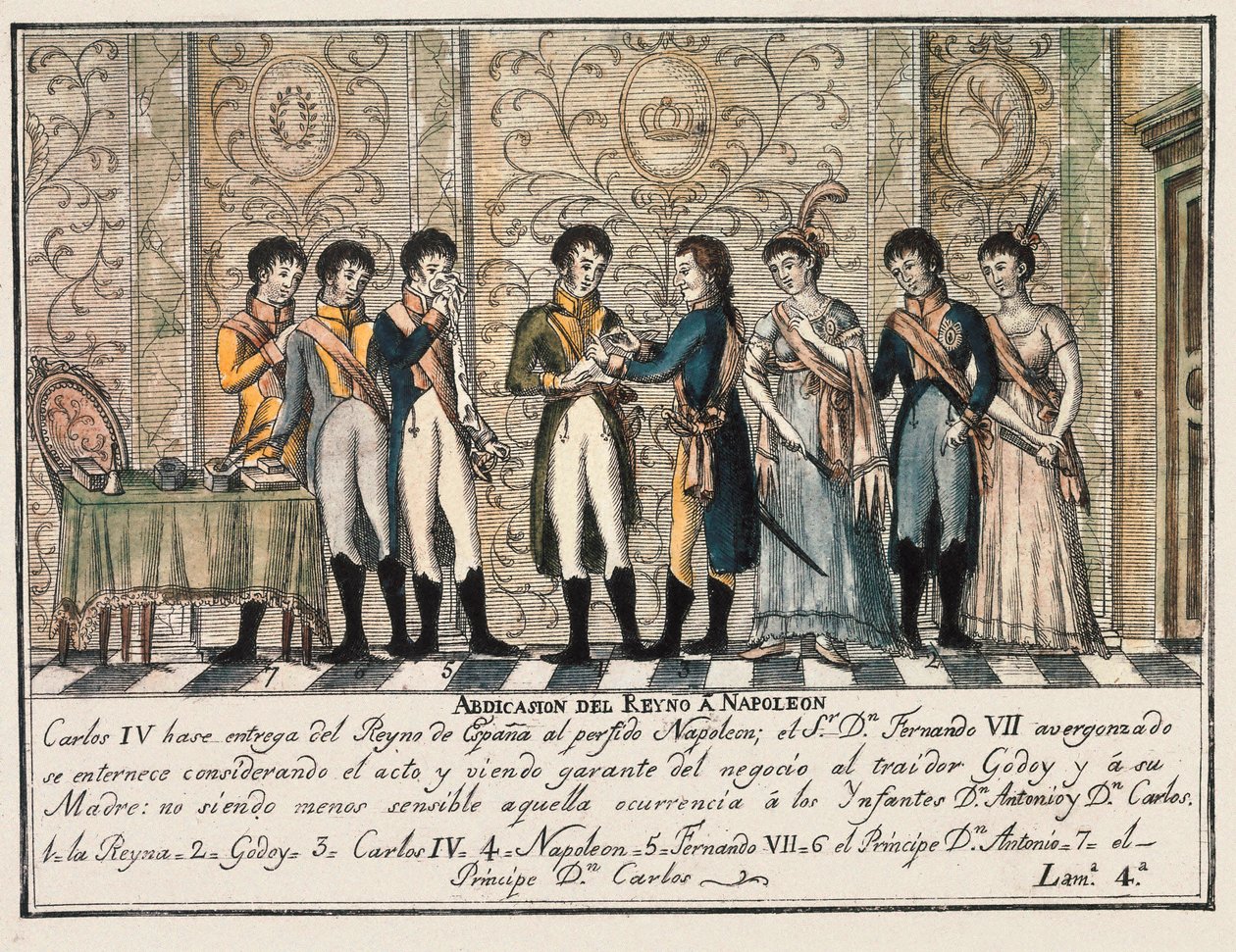 Bayonnův rozhovor v roce 1808 po povstání Aranjueze, kdy abdikace španělského krále Karla IV. postoupila trůn Napoleonovi I. před jeho synem Ferdinandem VII. (Fernando VII) od Unknown artist
