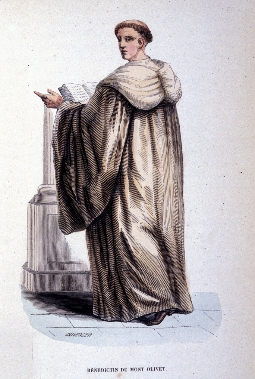 Benediktin z hory Olivet nebo Olivetain, náboženský řád založený v Sieně ve 14. století. Rytina 19. století. Coll. privee, Milane. od Unknown artist
