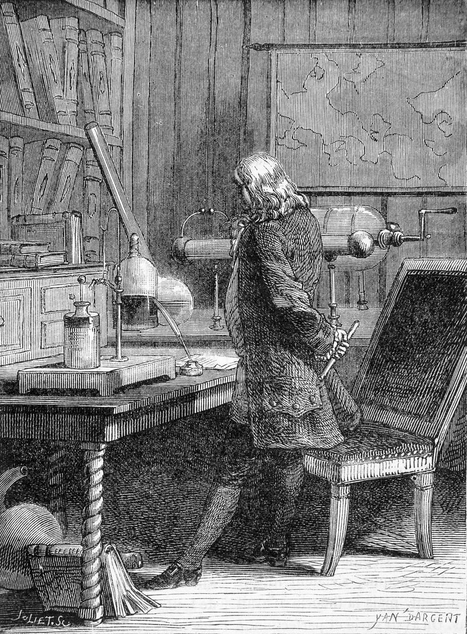Benjamin Franklin, americký politik a fyzik (1706-1790) ve své fyzikální laboratoři ve Philadelphii - rytina od Unknown artist