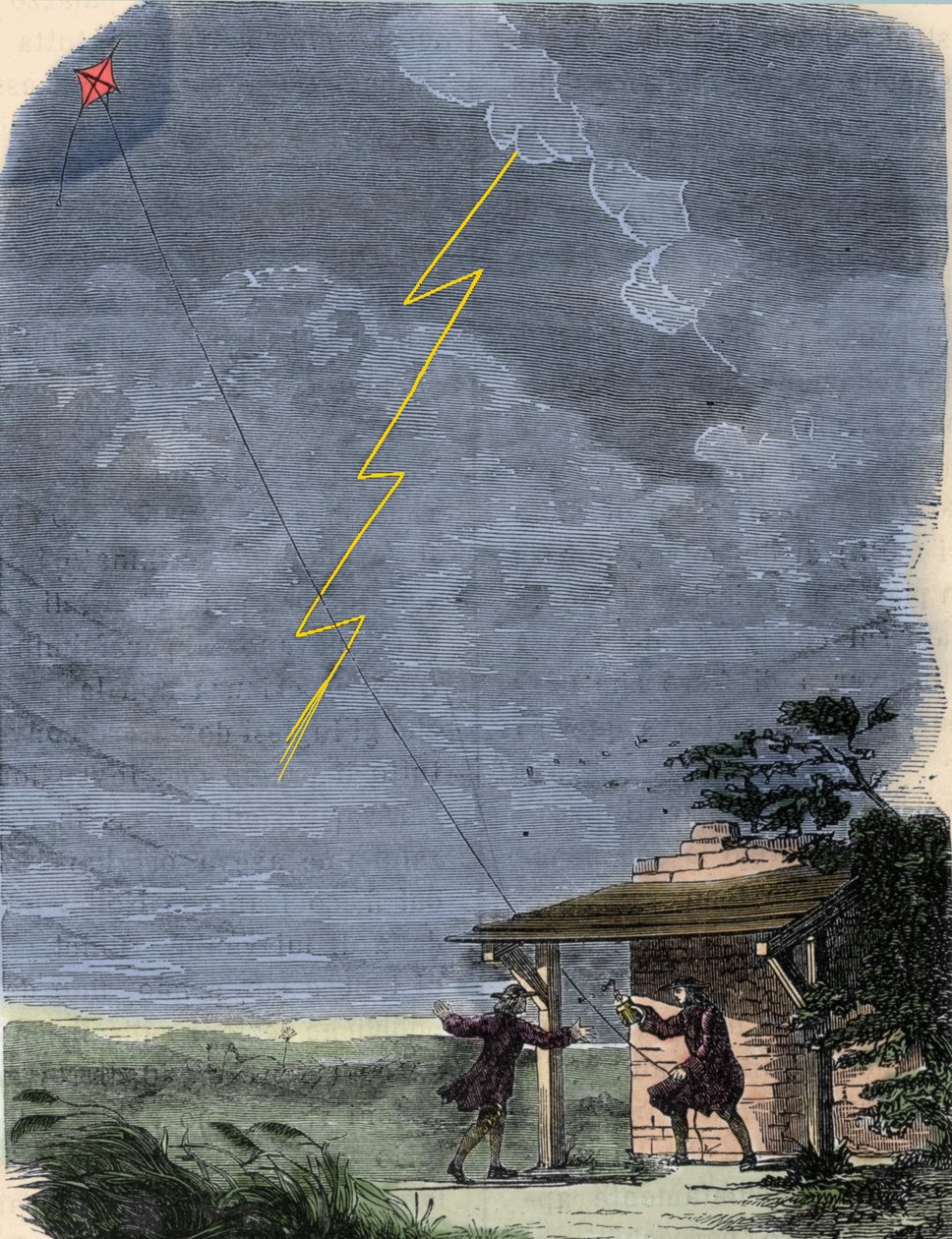 Benjamin Franklin, filozof, fyzik a americký velvyslanec, experimentuje se svým hromosvodem namontovaným na drakovi. září 1752. od Unknown artist