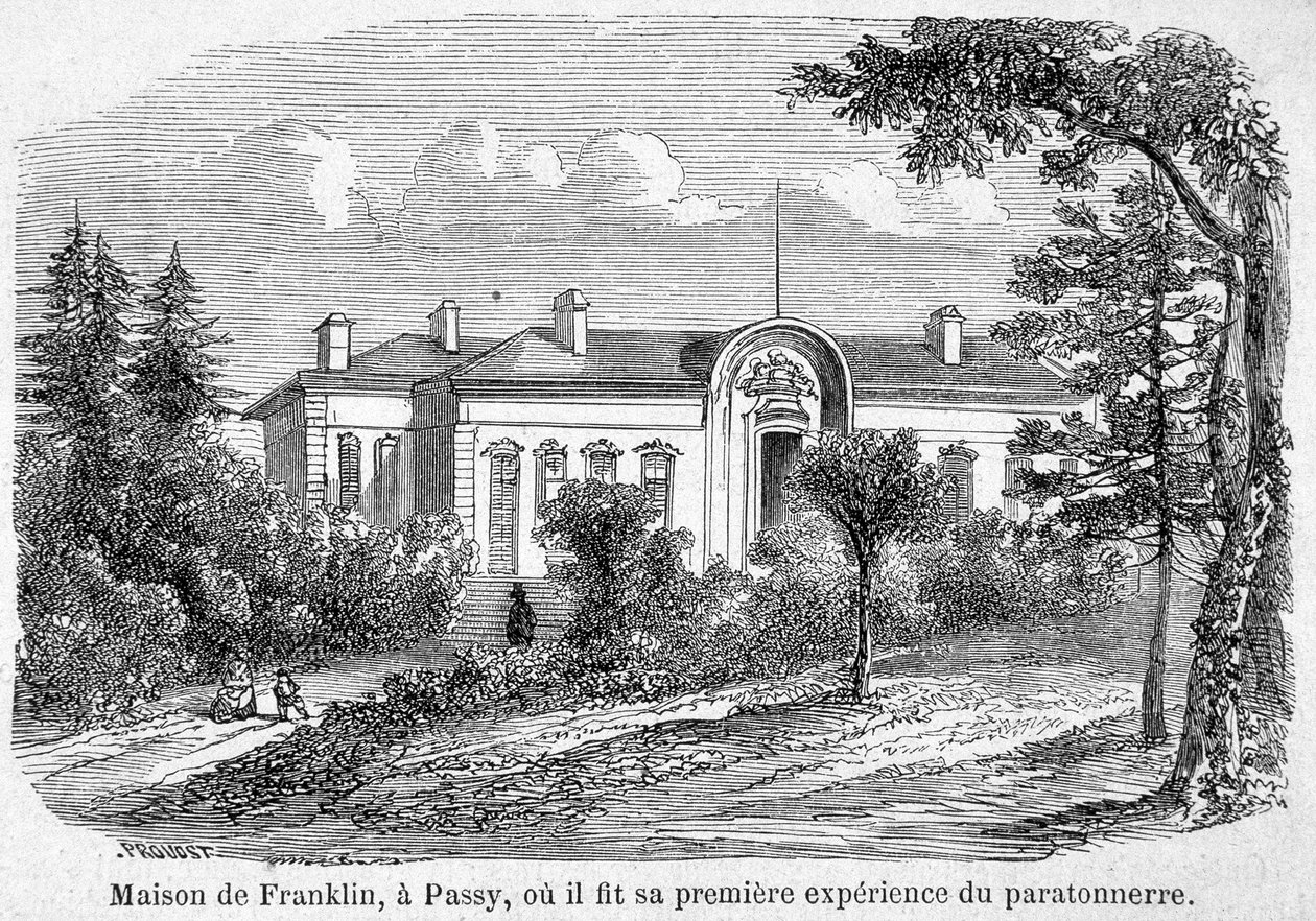 Dům Benjamina Franklina v Passy, kde udělal svou první zkušenost s hromosvodem – rytím od Unknown artist
